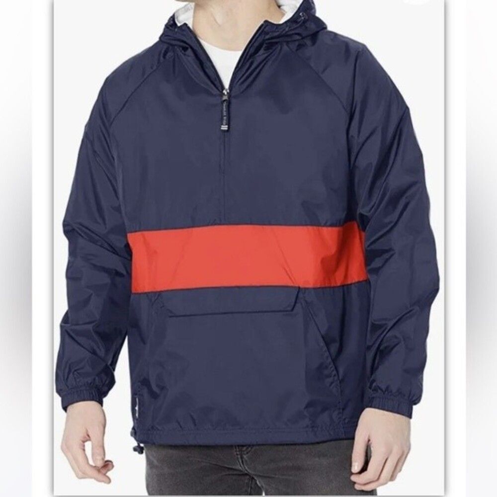 Charles River Apparel Hooded 1/4 Zip Blue Red Sz M Men Wind & Water-Resistant
